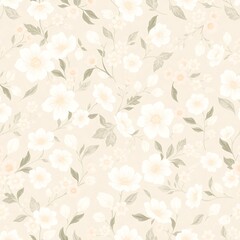 Fototapeta premium Creamy Floral Dream: Delicate white blossoms and olive green leaves dance across a soft beige background in this enchanting seamless pattern.