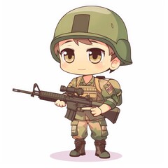 A cute cartoon soldier in a green helmet and camouflage uniform, holding a rifle.