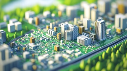 Miniature city model built on a circuit board, surrounded by green landscape.