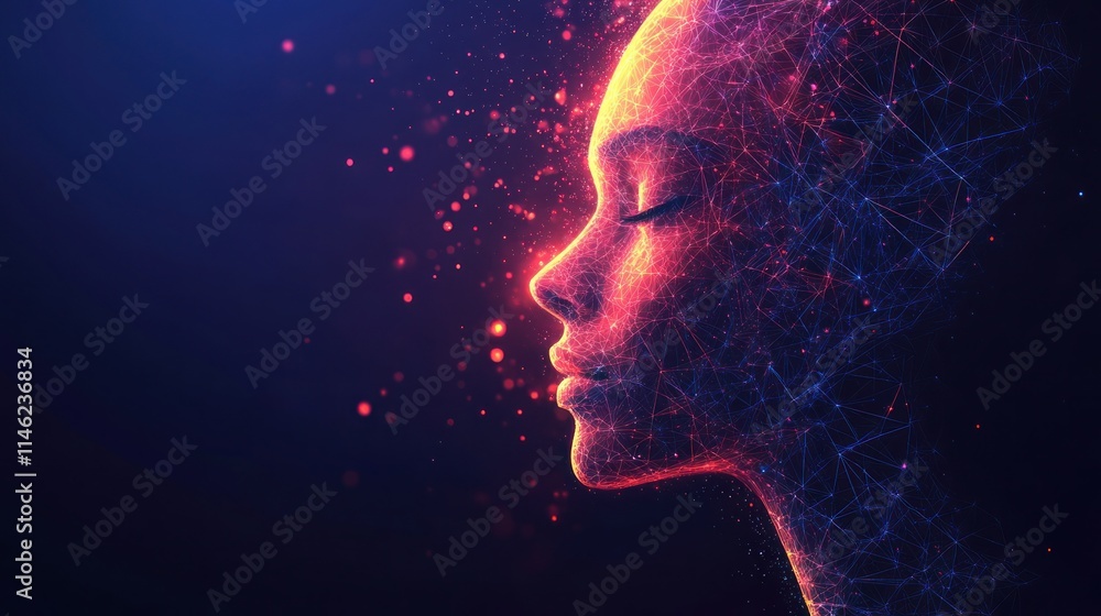 Aufkleber a digital representation of a human profile made of interconnected lines and particles.