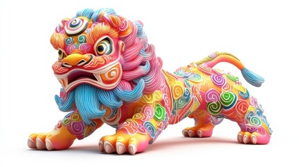 Obraz premium Chinese Lion Dance Colorful Ornate Head and Body Illustration and Scroll Wishing Fortune and Happiness Text. Isolated on White Background