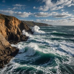Fototapeta premium A dramatic coastal cliff with waves crashing against the rocks below.