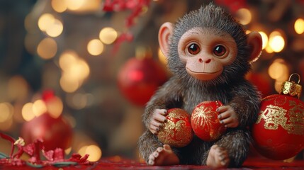 Fototapeta premium Chinese lunar new year ornaments toy of monkey on festive background