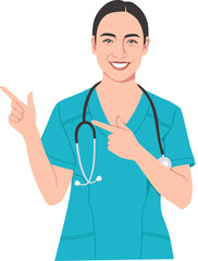 A doctor points to the left with a stethoscope on his shoulder