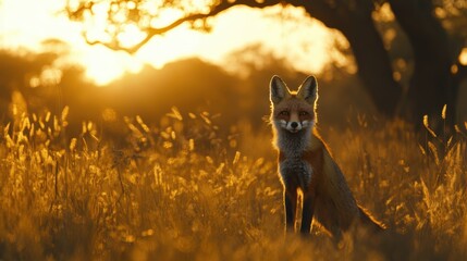 Naklejka premium Serene Red Fox in Golden Sunrise Amidst Field of Tall Grass