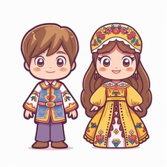 A young boy and girl in traditional Ukrainian clothing stand side by side, smiling.