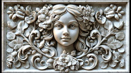 Intricate stone carving of a girl's face surrounded by floral designs.