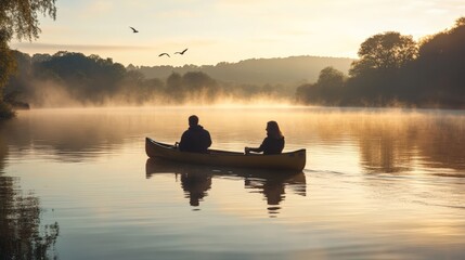 Serene Morning on the Water: A Couple Canoeing Beneath the Dawn Sky