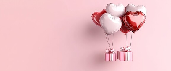 Heart-shaped balloons in red and white soar gracefully against a pink backdrop, accompanied by beautifully wrapped gift boxes. Ideal for Valentine's Day and special loving occasions