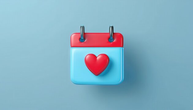 3D Illustration of a Blue Desktop Calendar with Red Heart Icon on Minimal Blue Background, Representing Valentine's Day, Love, Romance, Relationship Planning, Special Dates, or Healthcare Awareness