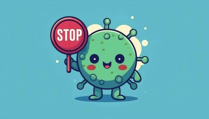 Smiling Cartoon Virus Character Holding a Stop Sign Advocating Hygiene and Safety with a Friendly Expression, Promoting Awareness for Public Health, Virus Prevention and COVID-19 Precautionary Measure