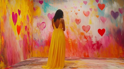 A woman in a yellow dress stands against a vibrant backdrop of colorful hearts, embracing love and creativity in a joyful space.