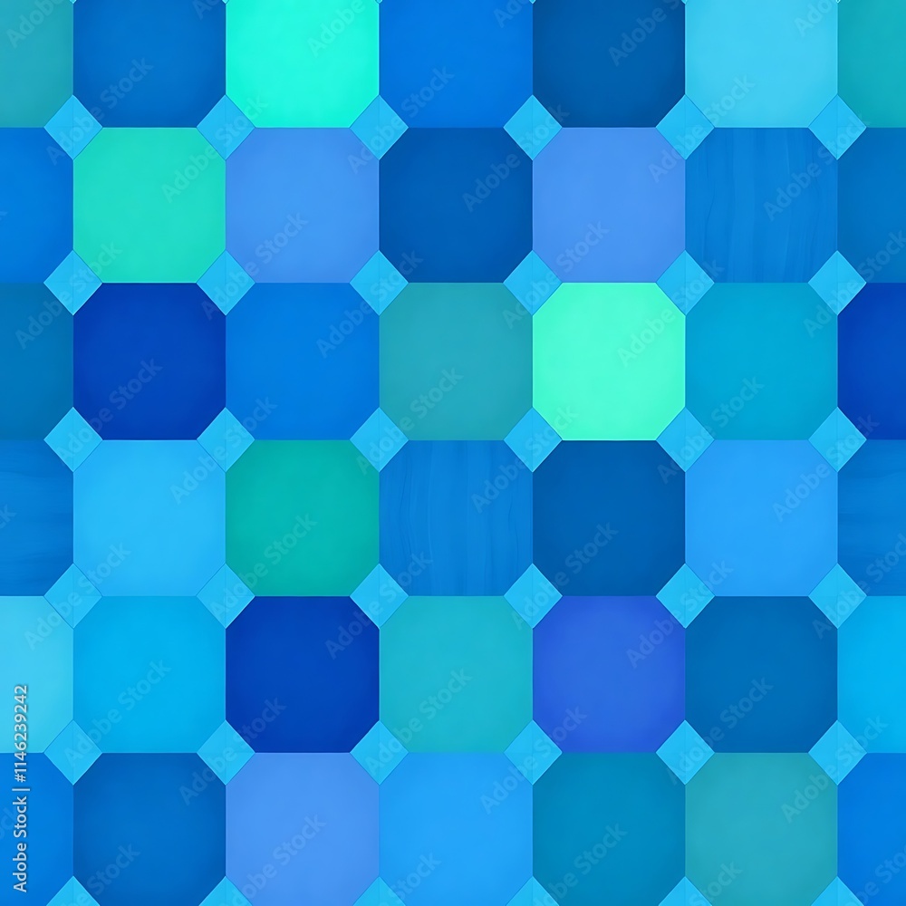 Poster ocean hues mosaic: abstract seamless pattern of octagonal shapes in various shades of blue and teal,