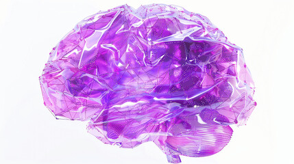 digital brain illustration with programming code overlay, clean white background, holographic style, concept of artificial intelligence