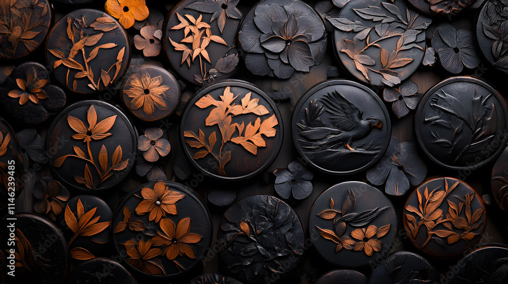 Poster a collection of intricately designed circular plaques featuring floral and avian motifs, showcasing 