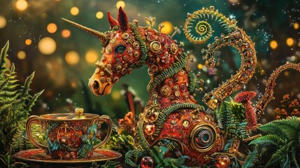 Obraz premium Steampunk unicorn fantasy creature art with ornate details, sitting by a teacup in a lush forest setting.
