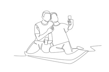 Couple taking selfie during picnic. Picnicking outdoors concept one-line drawing