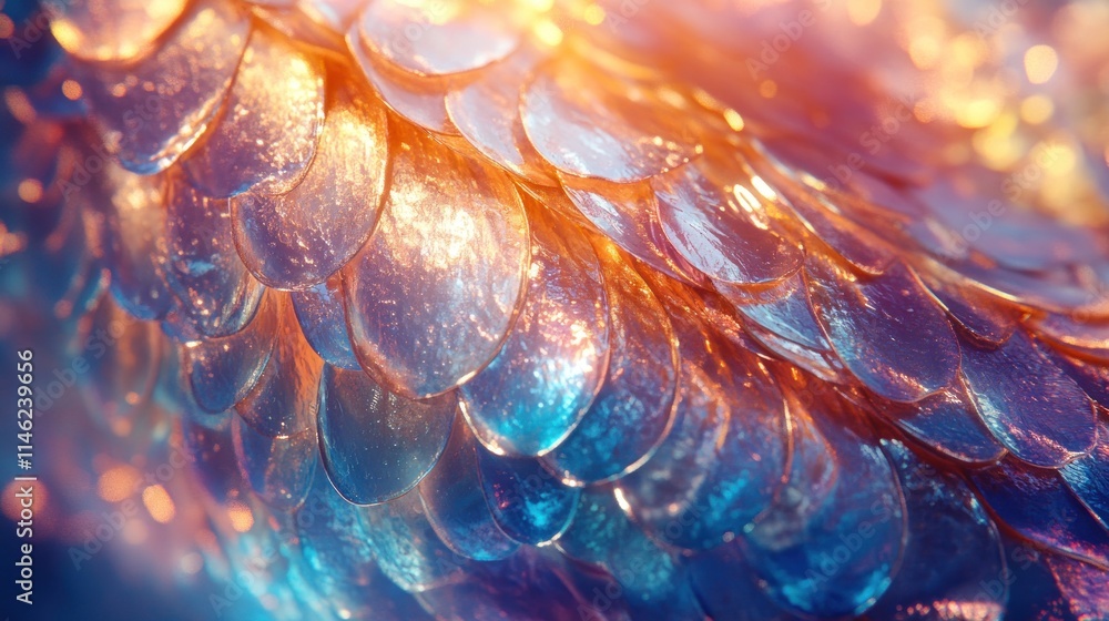 Poster close-up of shimmering scales with iridescent colors and textures.
