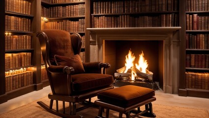 Elegant rocking chair with cozy ottoman, warm fireplace glow in a vintage library setting