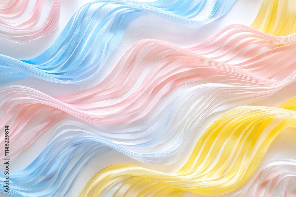 Poster pastel-colored ribbons arranged in wavy patterns, creating a soft and dreamy aesthetic.