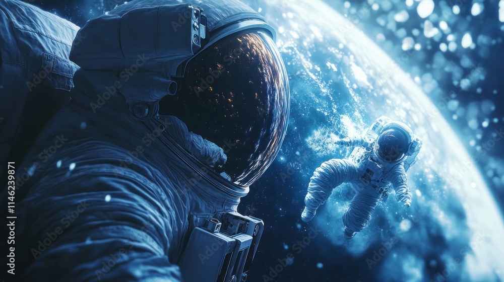 Poster two astronauts floating in space with earth in the background, showcasing exploration.