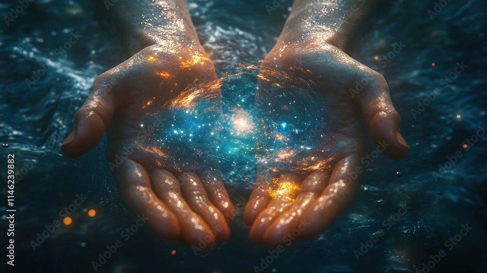 Aufkleber hands holding a cosmic scene, symbolizing creation and connection with the universe.