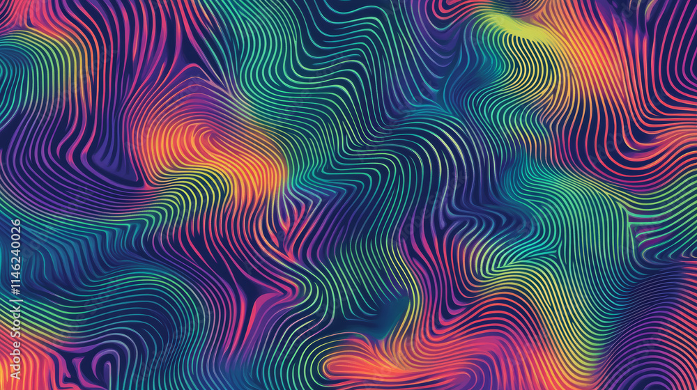 Poster colorful wave pattern creates vibrant abstract design with fluid movement and depth in digital artwo