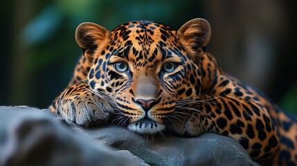 A leopard resting on rocky terrain, blending into its environment