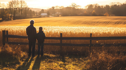 Farmer and Child by a Golden Wheat Field
