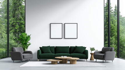 Contemporary Minimalist Living Room with Dark Green Sofa and Empty Picture Frames