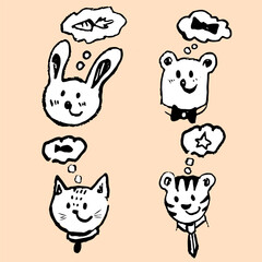 Different animals in frames, vector isolated, hand draw with texture, bunny, cat, tiger and bear and their wishes. Funny and stylish Black and white