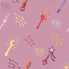 Pattern with magic wands in nice colors. Vector graphic isolated, doodle, hand draw, with texture
