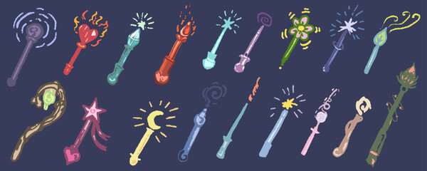 Different magic wands, colorful elements. Vector graphic isolated, doodle, hand draw, with texture