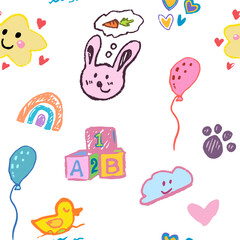 Seamless pattern with toys, bunny, ballons. Hand draw doodle, Vector, isolated.