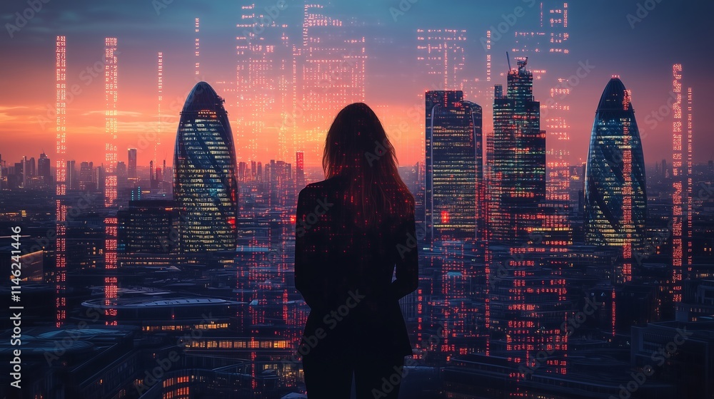 Poster london city skyline with data and computer programming information