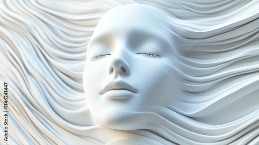Poster close up of abstract white human head on wavy background. future, robotics and artificial intelligen