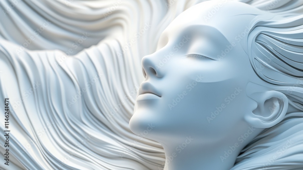 Poster close up of abstract white human head on wavy background. future, robotics and artificial intelligen
