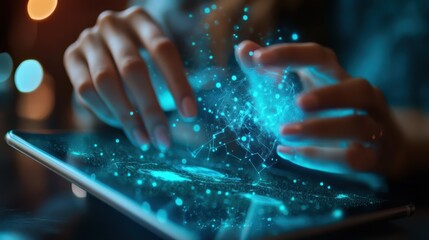 Close up of hands using tablet and smartphone with creative glowing blue IOT and map hologram on blurry background. Internet of things concept. Double exposure