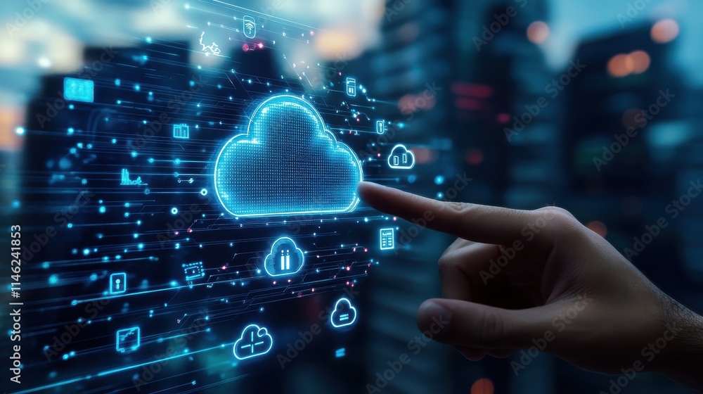 Poster cloud service concept with man finger touching digital screen with cloud service application icons a