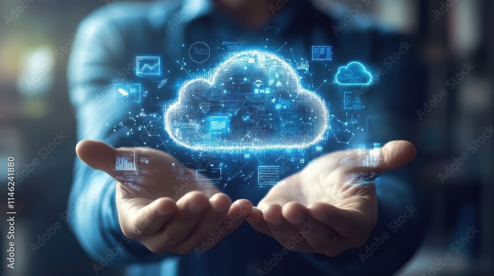 Poster cloud service technologies: man with opened hands and digital screen with cloud and life style signs
