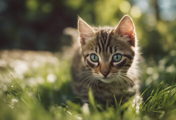 Fototapeta premium Beneath the dappled sunlight in a verdant garden a young tabby kitten with mesmerizing eyes explores