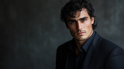 Obraz premium Portrait of a man in a dark suit against a neutral gray backdrop