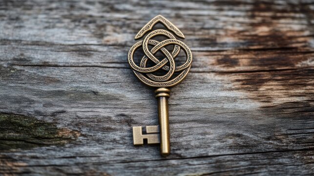 Antique ornate key with Celtic knot design on rustic wood.