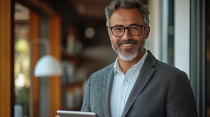 Smiling male warehouse manager using a digital tablet
