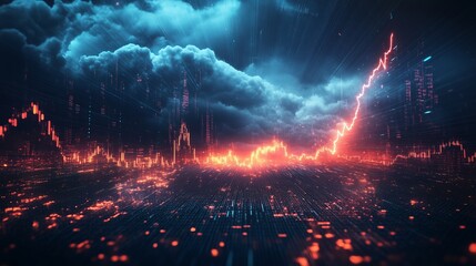 Stock market volatility depicted with stormy clouds and lightning