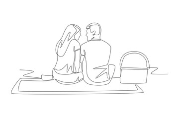 Couple on a picnic. Picnicking outdoors concept one-line drawing