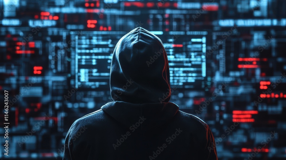 Poster cybercrime, hacking and technology crime concept. back view hacker in dark room with digital blockch