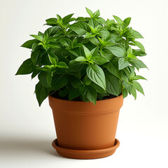 Obraz premium Lush green basil plant in terracotta pot.