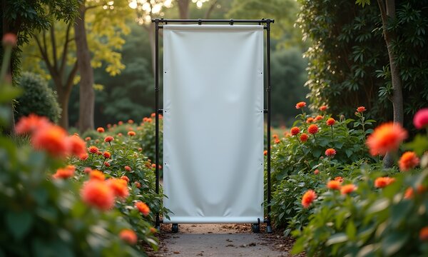 Trade Show Banner Mockup features a blank banner framed by vibrant flowers, creating a serene outdoor setting that invites creativity and innovation.