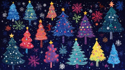 Doodle christmas tree card. Doodle fir-trees snow season concept. winter holiday background